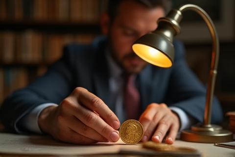 Numismatika Zolotaya expert examining an antique coin with a magnifying glass for appraisal