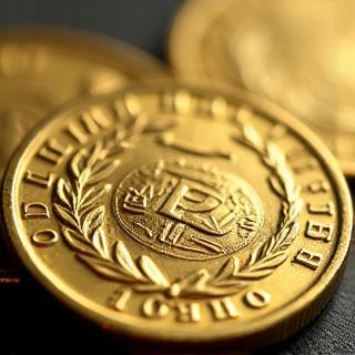 Close-up of a gold ruble from the Russian Empire era