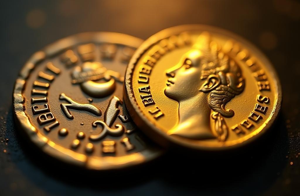 Macro shot of a Roman aureus and a medal of the Russian Empire, symbolizing the rich history of numismatics