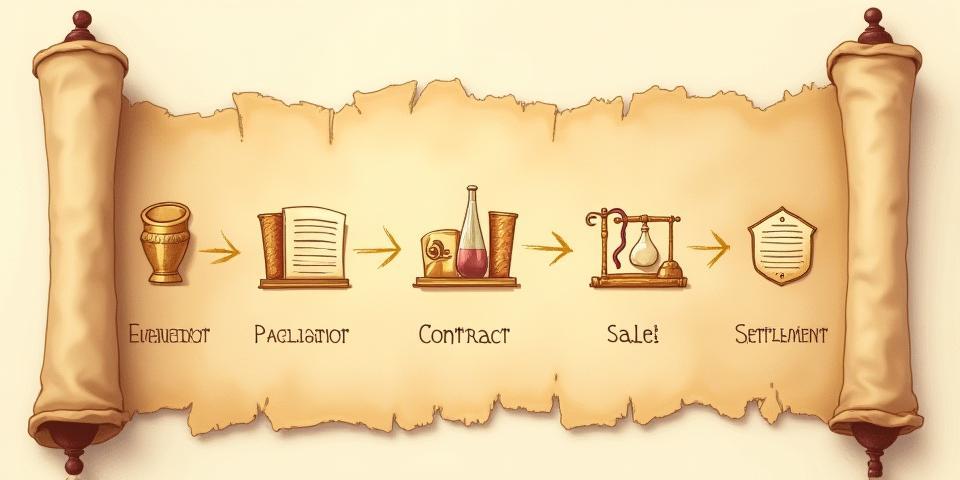 Illustrated scroll showing the consignment process steps: appraisal, contract, sale, settlement. A golden thread connects the steps.