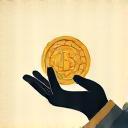 Rare coin purchase service icon in the form of a hand holding a gold coin